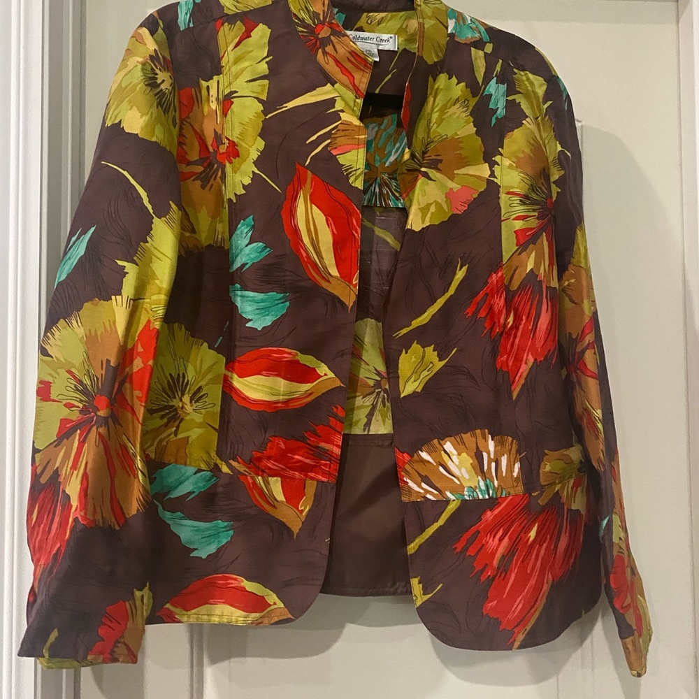 Coldwater Creek Jacket Top Sz PXL Colorful Floral 100% Silk Open Front Tropical